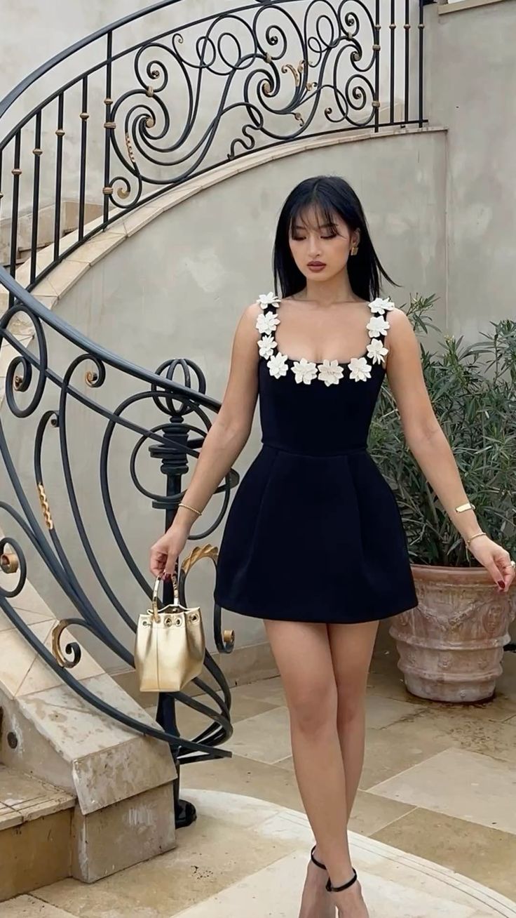 Black suspenders, fresh three-dimensional flower A-line slim homecoming dress R2425