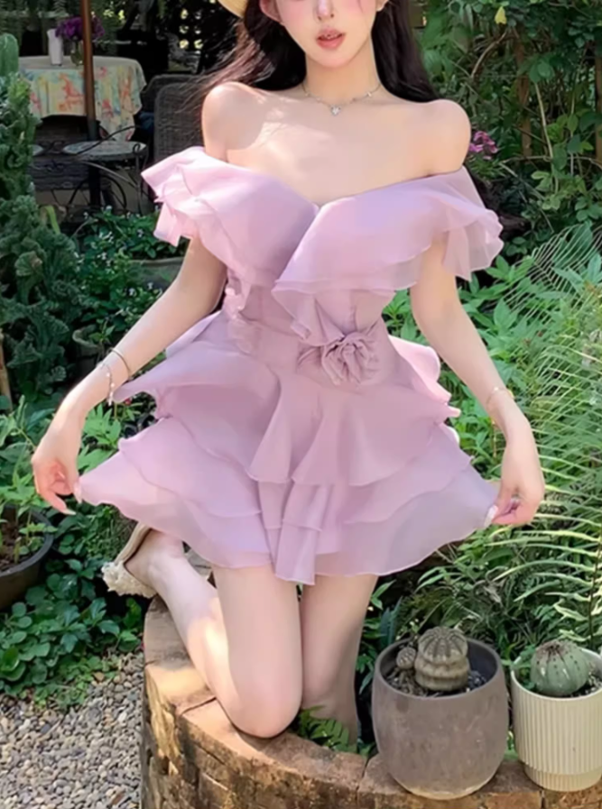 French gentle style one-line ruffle dress 2025 pure desire style seaside holiday dress R1346