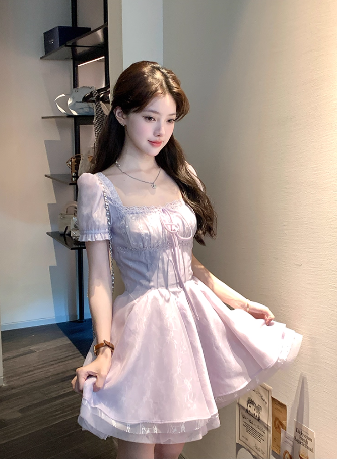 Square collar short sleeve waist A-line dress summer French retro style skirt R4585