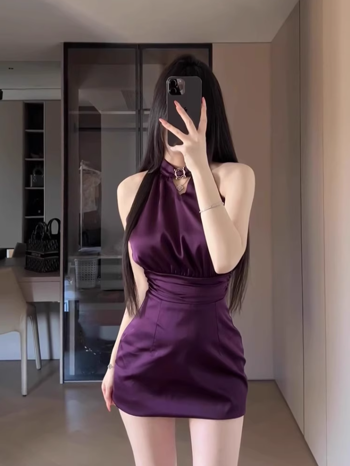 French style sleeveless halter neck hollow dress 2025 backless waist hip skirt R1217