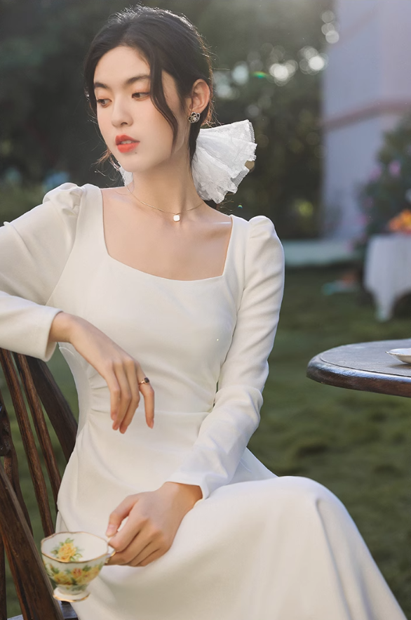 Square collar temperament waist long sleeve dress 2025a gentle long dress R1456
