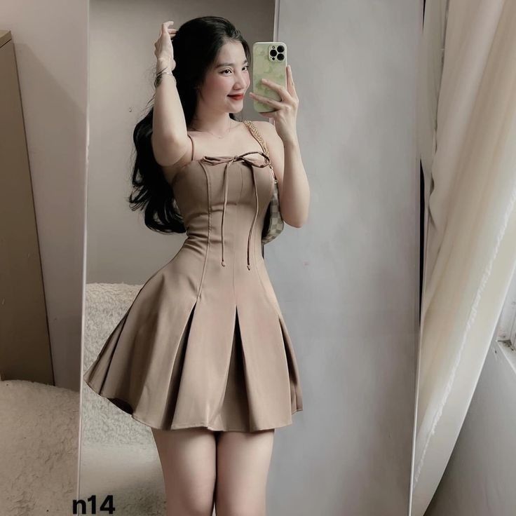 Khaki suspenders waist slimming A-line pleated short skirt homecoming dress R3854