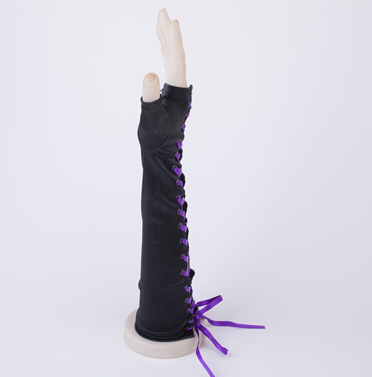 Lace-up fingerless gloves long black satin gloves elbow length suitable for wedding engagement Halloween party S6219