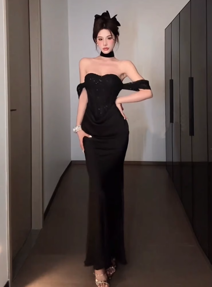 French style tube top suspender dress 2025 waist hip fishtail dress R1036