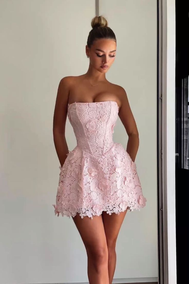 Pink tube top fishbone design slim lace skirt sexy short skirt homecoming dress R3901