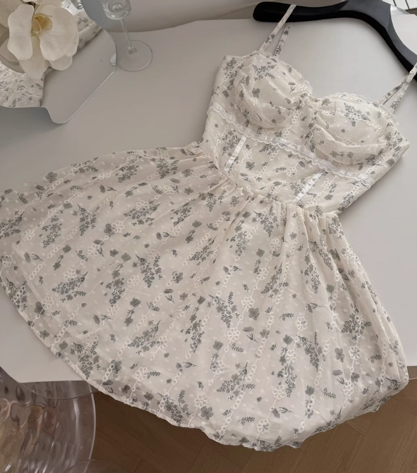 Ballet apricot floral suspender dress gentle short skirt R2116