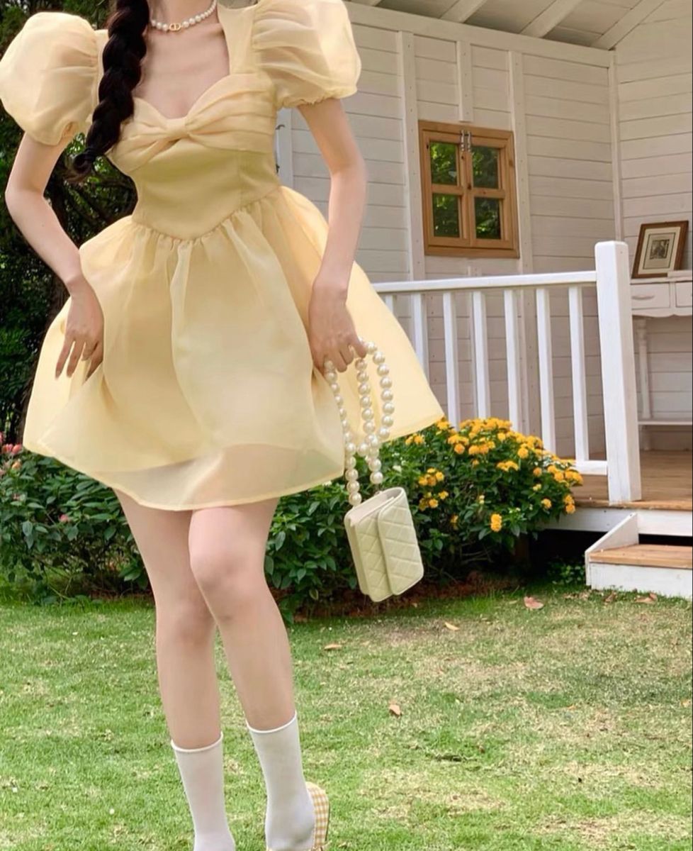 Light yellow puff sleeve waist slim princess puffy skirt homecoming dress R3801