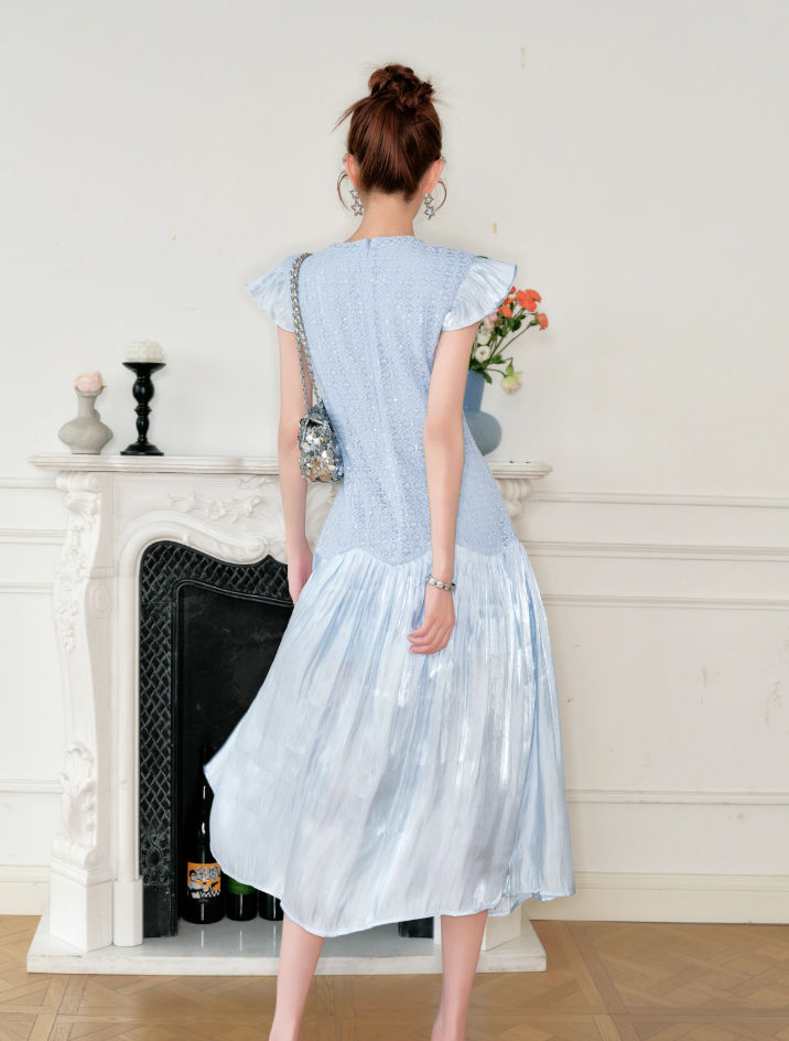 Light blue Princess sweet high waist flying sleeve long dress with Chanel style R4072