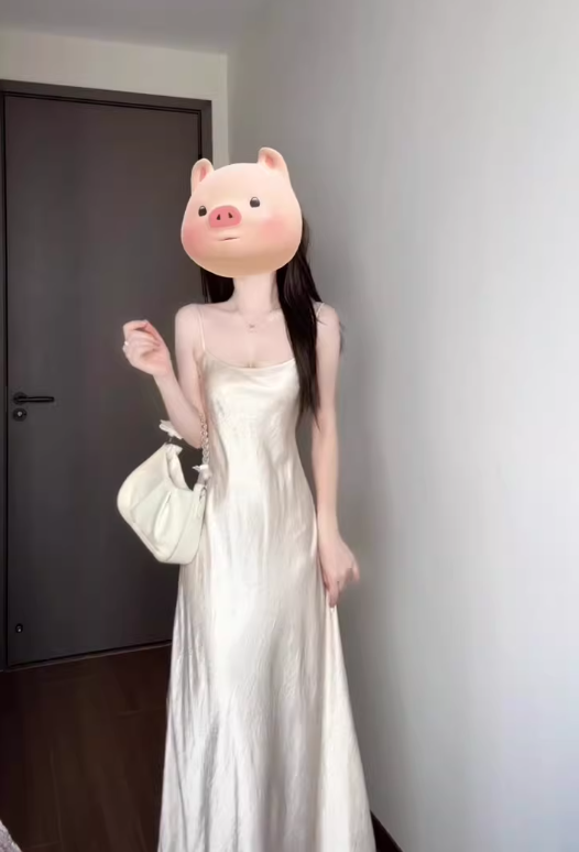 French high-end white satin suspender dress gentle temperament lady waist hip long skirt R0450