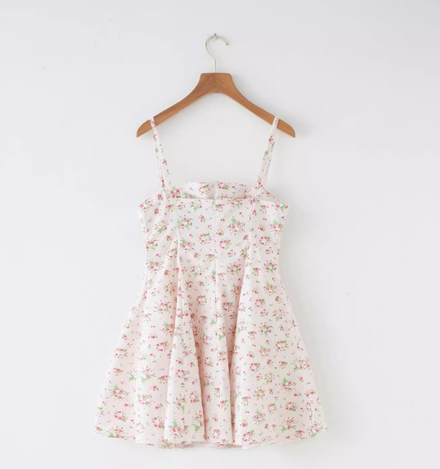 French retro sky blue floral chest cushion for slimming, waist cinching, large skirt with suspender R2873