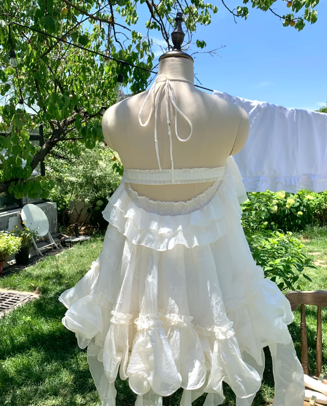 White halterneck chiffon layered irregular skirt short skirt homecoming dress R4164