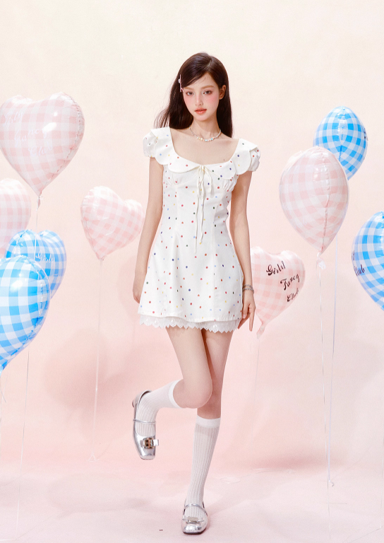 Petal Neck Waist Short Sleeve Cotton Printed Polka Dot Dress R5255