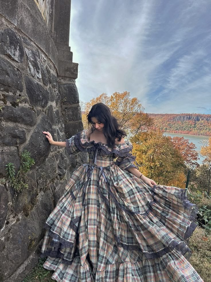 Retro Puff Sleeves Women's Prom Gown Plaid Waist Fitted Maxi Evening Dress Birthday Dress — Fall Outfit 2026 New RS3305