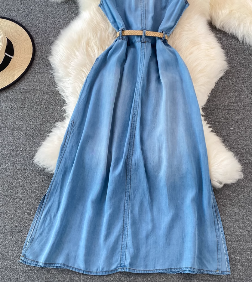 Light mature style sleeveless denim dress new French retro waist slimming A-line shirt long skirt R0407