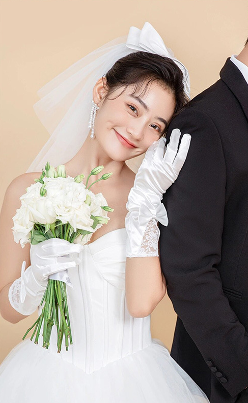 Off-white lace bow mid-length wedding dress banquet dinner gloves S6243