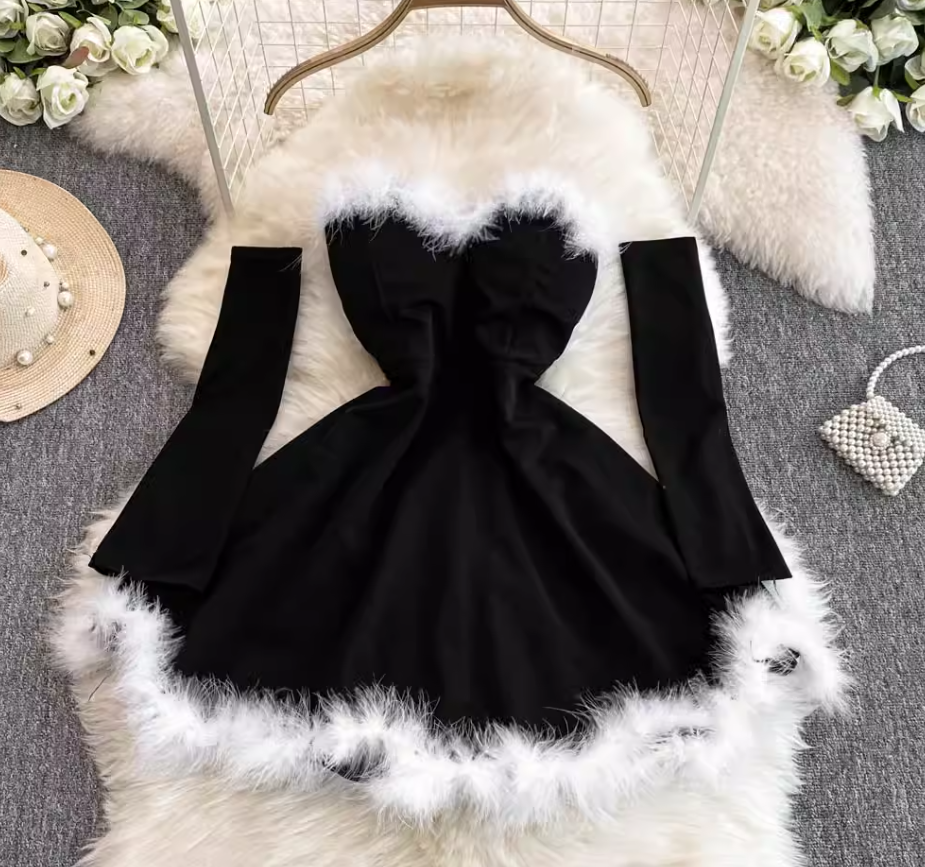 Women's Christmas dress, sexy low-cut waist-slimming, long-swing fur suspender tube top dress R0356