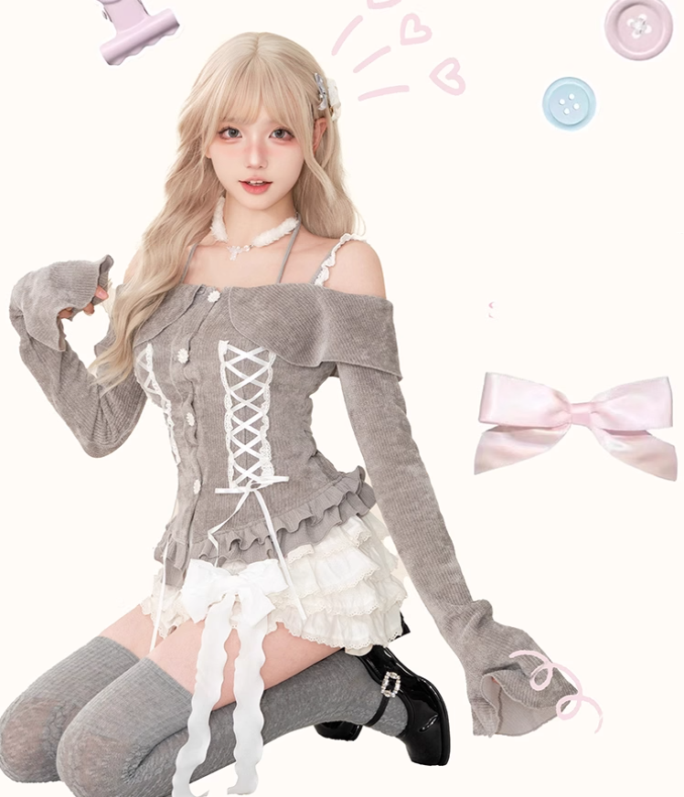 Pure desire style one shoulder halter neck knitted top 2025 large size cake skirt suit R1173