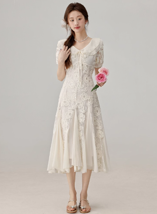 French style gentle lace stitching apricot dress waist long skirt R1926