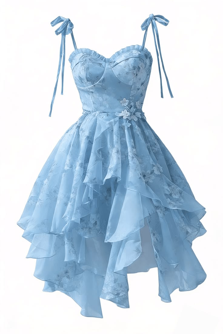French Retro Floral Pale Blue A-Line Spaghetti Straps Bodycon Mini Dress with Asymmetrical Hem Homecoming Dress RS228