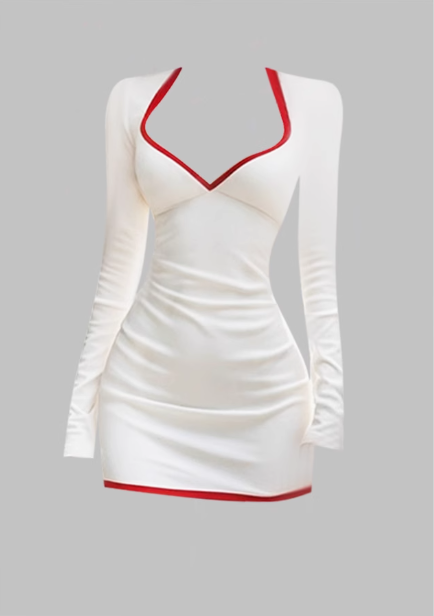 Design sense low neck long sleeve dress 2025 waist hip short skirt R1282