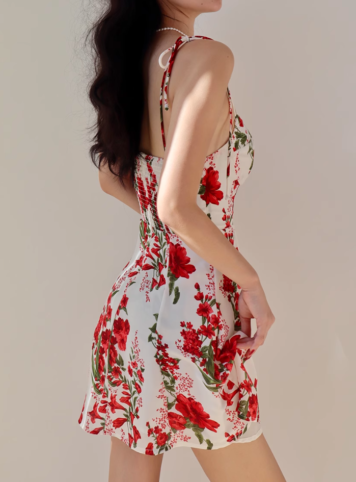 European and American style big red flower print suspender dress short skirt R2861