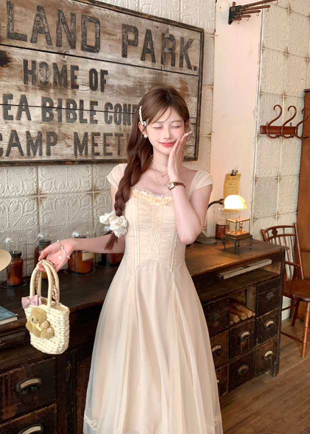 Solid color long mesh square neck suspender dress summer French style temperament skirt R4871