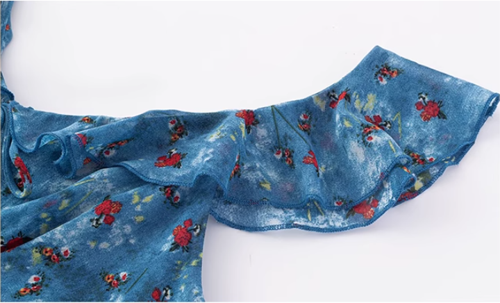 French retro blue floral ruffle dress 2025 new temperament long dress R2595