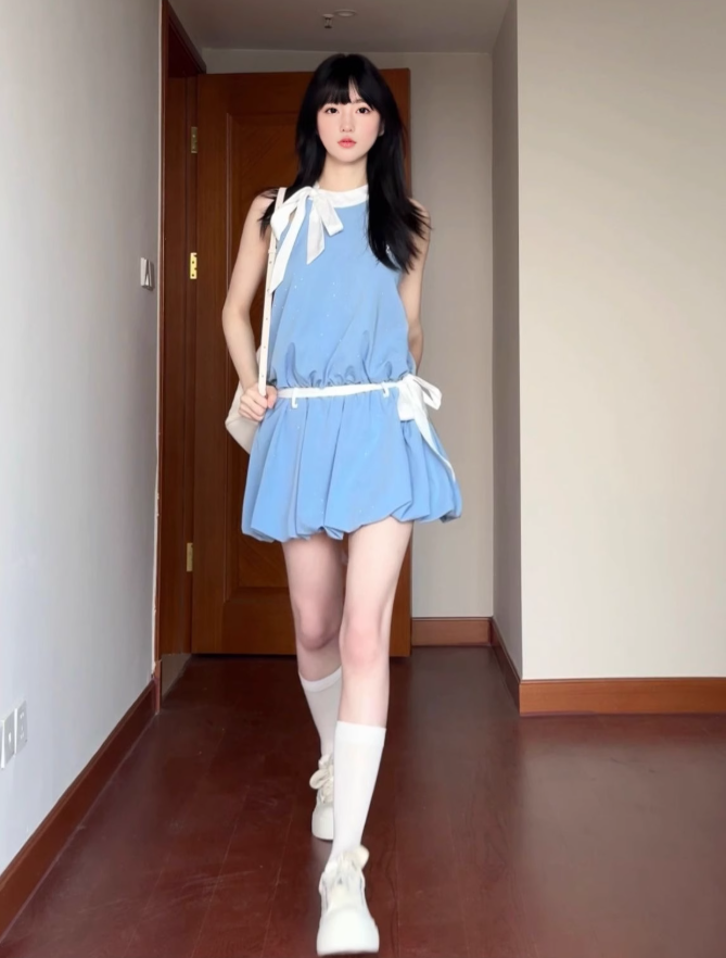 Gentle blue halter neck dress beautiful temperament waist bud short skirt R0872