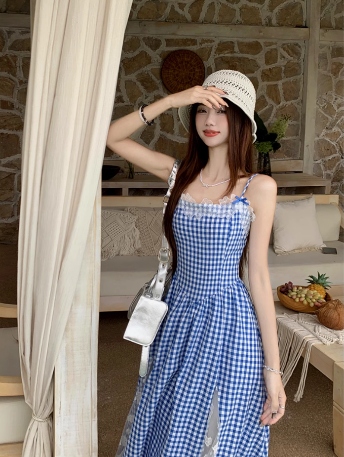 Fairy pure waist skirt suspenders plaid long skirt lace holiday style dress R1753