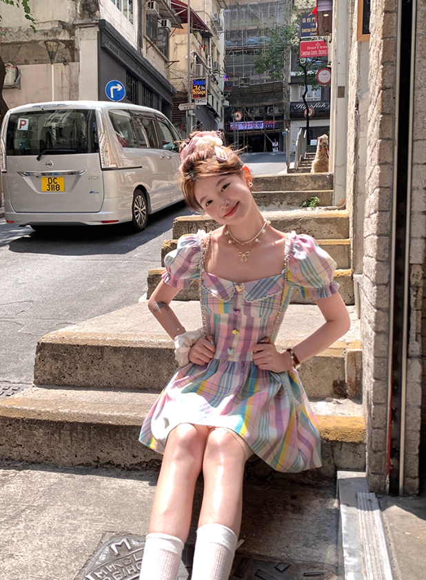 Colorful square neck waist short sleeve plaid dress summer French skirt R5025