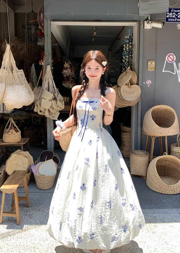 Women's summer French retro slim fit dress with waist suspenders R4698