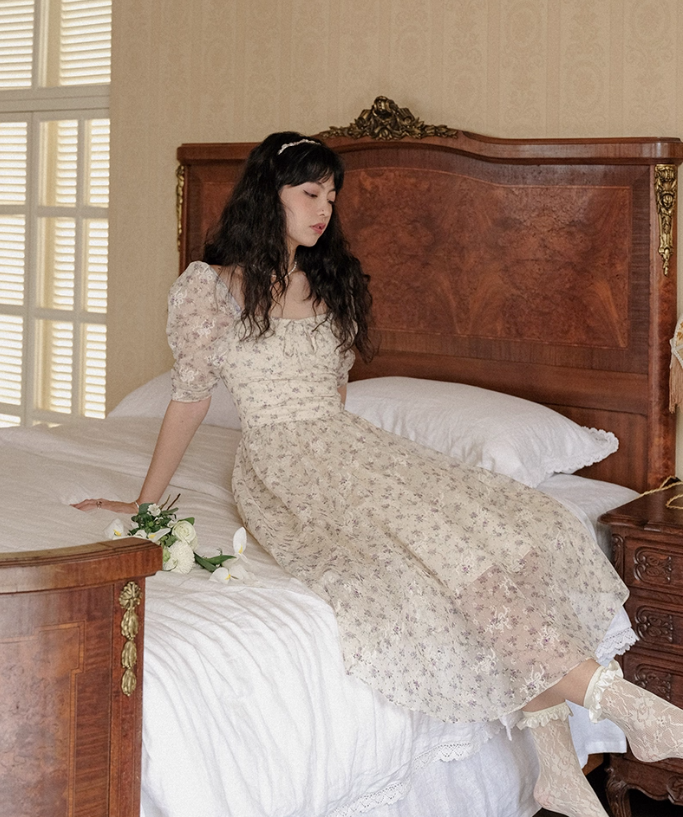 French style skirt petite short skirt short floral skirt puff sleeve dress female summer new style R3462