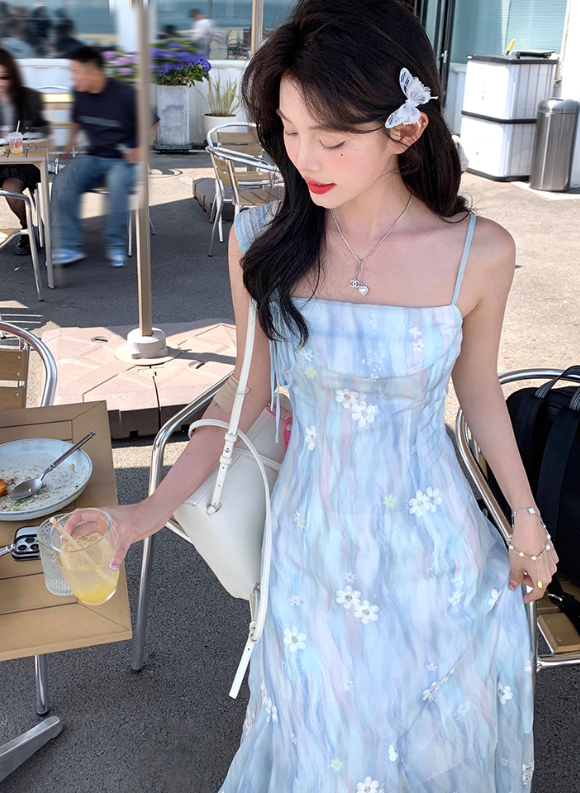 Blue gradient long floral one-shoulder waist suspender dress summer temperament skirt R4904
