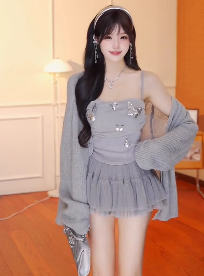 Pure desire style butterfly suspender top 2025 polka dot mesh a-line skirt suit R1141