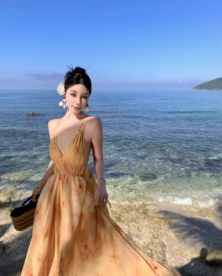 Vacation wear backless long dress beach dress island style suspender dress beach dress R1604