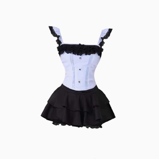 Pure desire style lace small flying sleeve suspender top 2025 sweet and spicy puffy skirt suit R1140