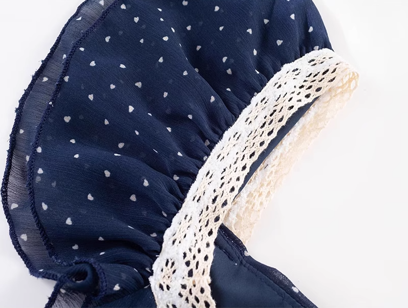 2025 Summer New Navy Retro Polka Dot French Square Neck Short Sleeve Long Dress R0927