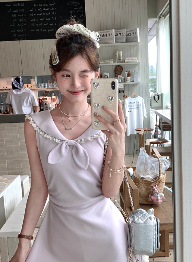 Navy collar bow waist dress summer French fashion temperament skirt R4738