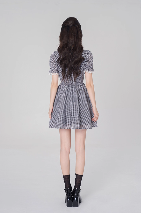 V-neck plaid dress summer tea break French skirt new style skirt niche design R4498