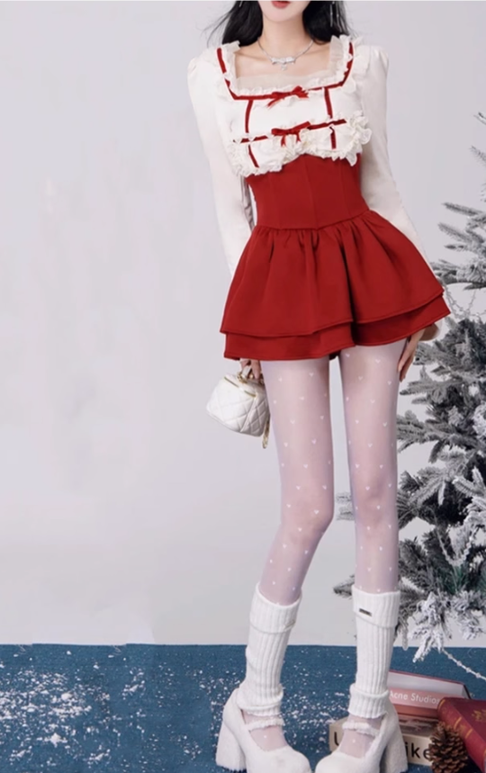 Pure desire lace splicing top 2025 large size high waist puffy skirt New Year suit R1419