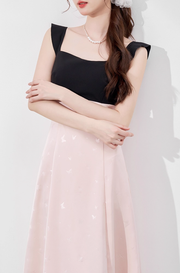 Beautiful dress new summer women's French temperament waist mid-length sleeveless pink skirt R4261