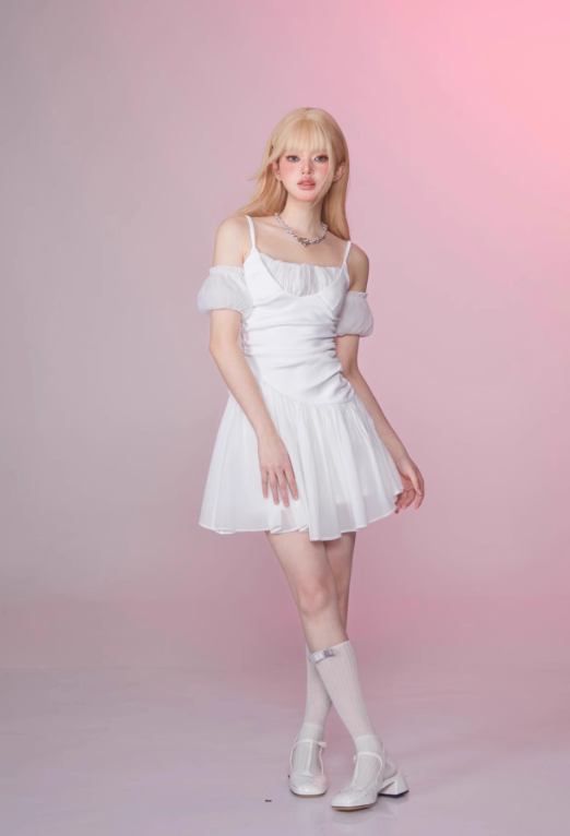 White Moonlight Pleated Tie Waist Off-Shoulder Puff Sleeve Dress R5253