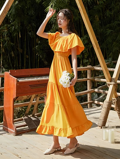 Beach dress seaside vacation Sanya super fairy first love chic French sexy one shoulder dress R0192