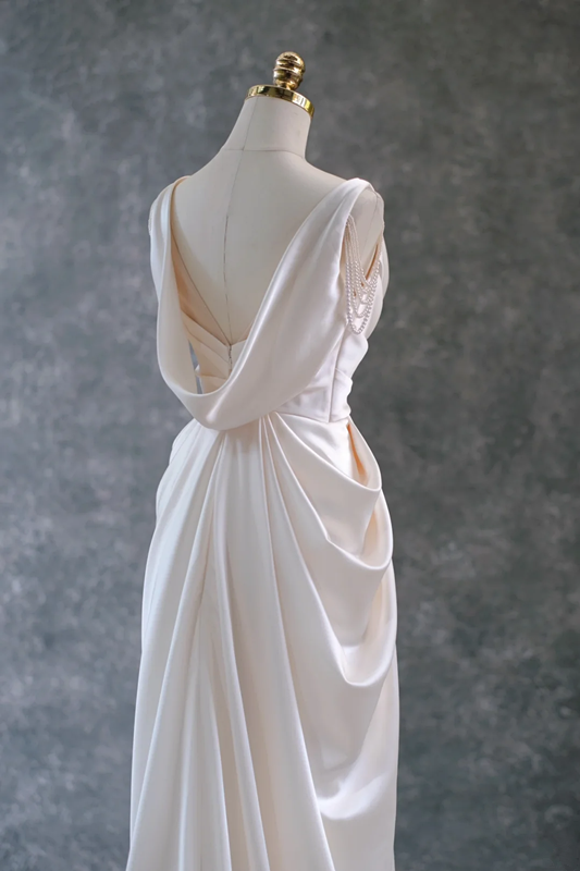 White suspender satin waist slim pleated hip maxi bridal dress R5796