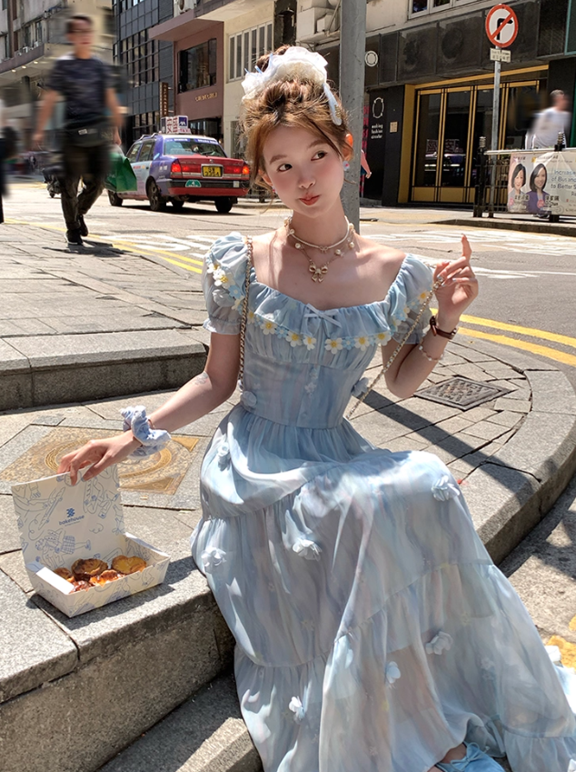 Blue short-sleeved square collar long waist dress summer French retro temperament high waist skirt R4706