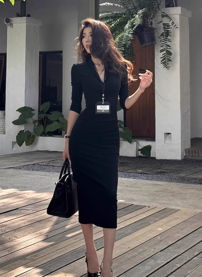 Large size French pure desire V-neck long sleeve slim dress Royal sister hip long skirt R1879