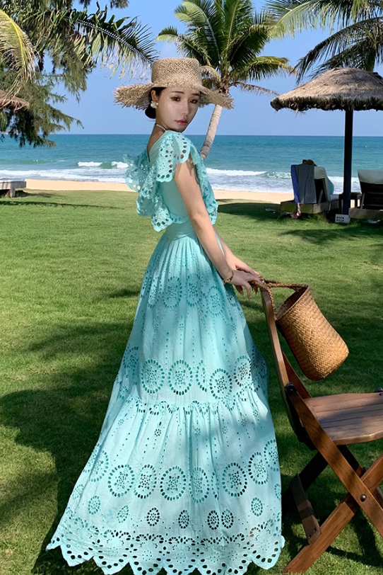 Lace hollow embroidery hook flower ruffle V-neck Thai dress fairy holiday ruffle long skirt R0187