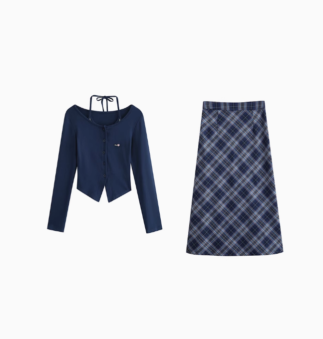 American retro college style new knitted sweater top skirt two-piece suit R2390