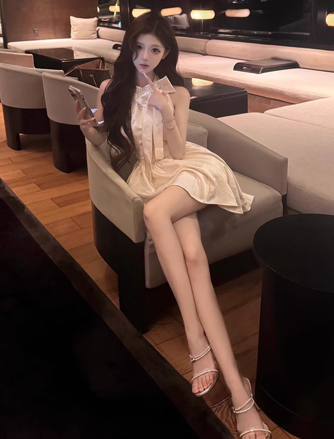 Large size French pure desire style bow dress atmosphere date waist dress R1832