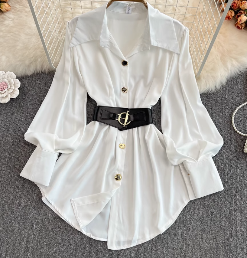 2025 Retro Temperament Waist Slimming Pleated Long Sleeve Shirt Skirt Mid-length Loose Top R0395